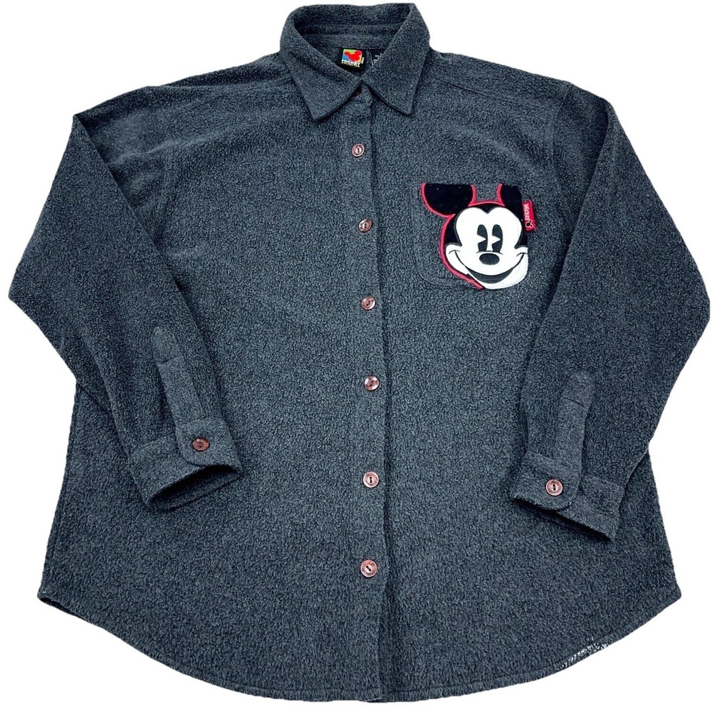 Vintage Mickey Unlimited Shirt‎ Women Large Gray Fleece Button Up Shacket 90s *